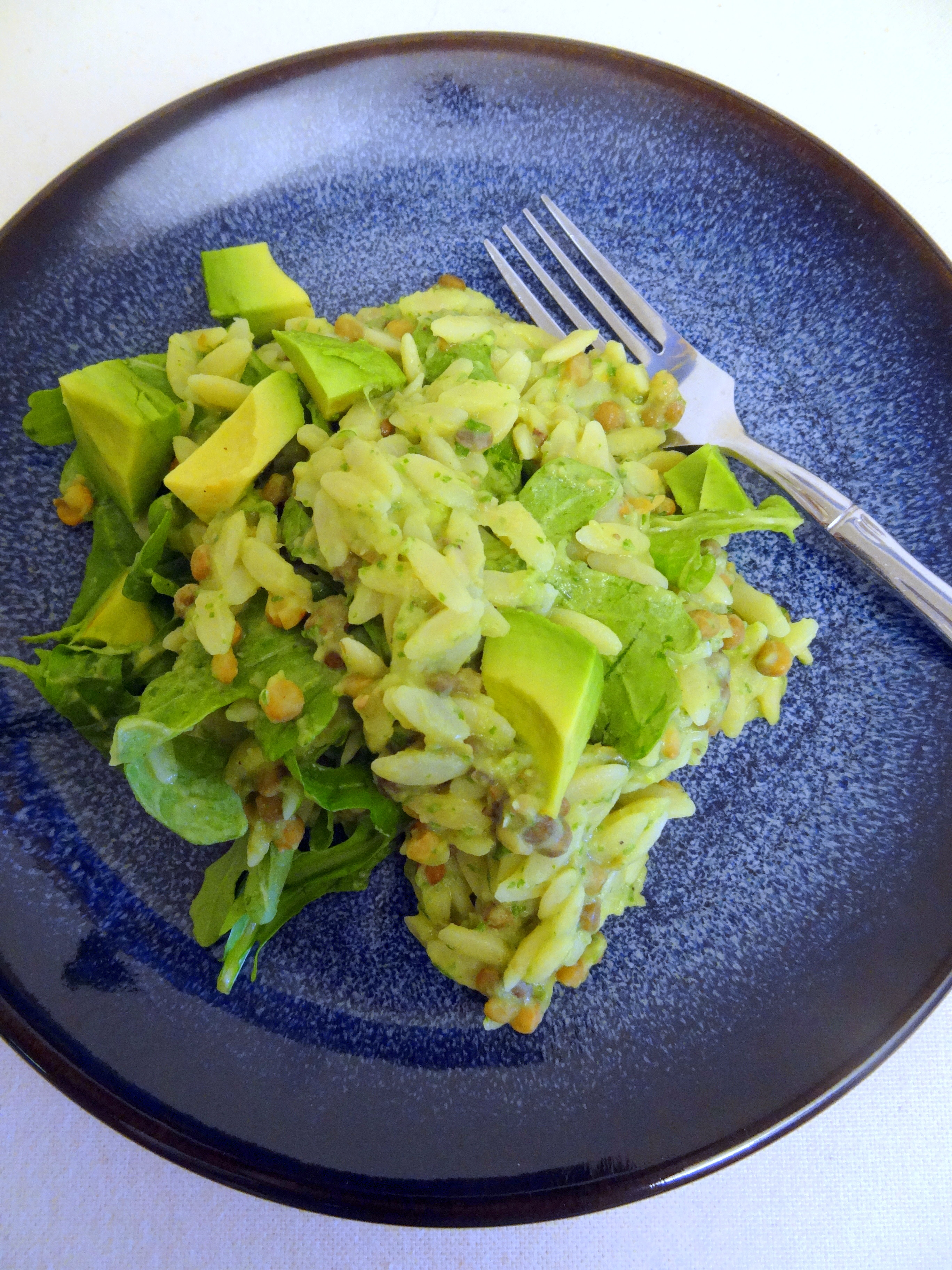 lemony avocado orzo salad with lentils