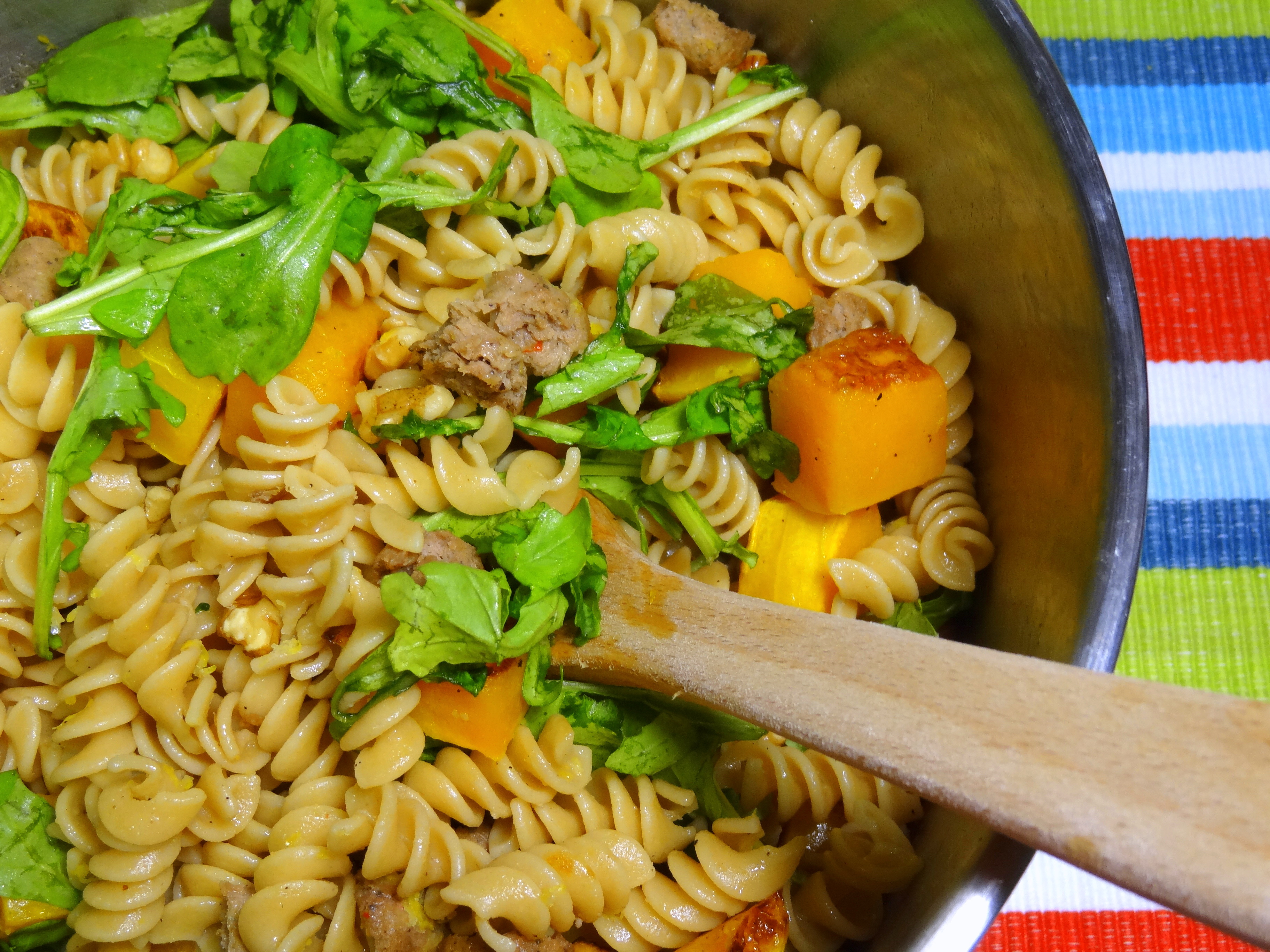 pasta with butternut squash, sausage, and arugula