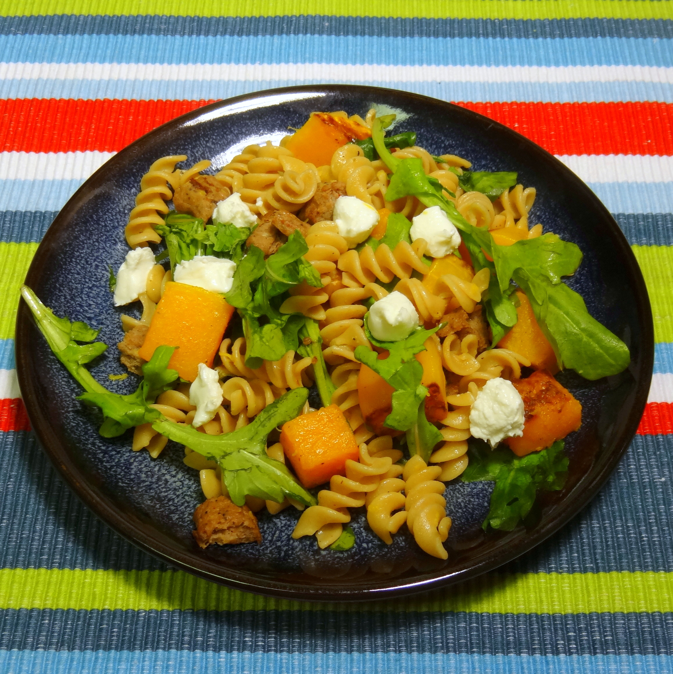 pasta with butternut squash, sausage, and arugula