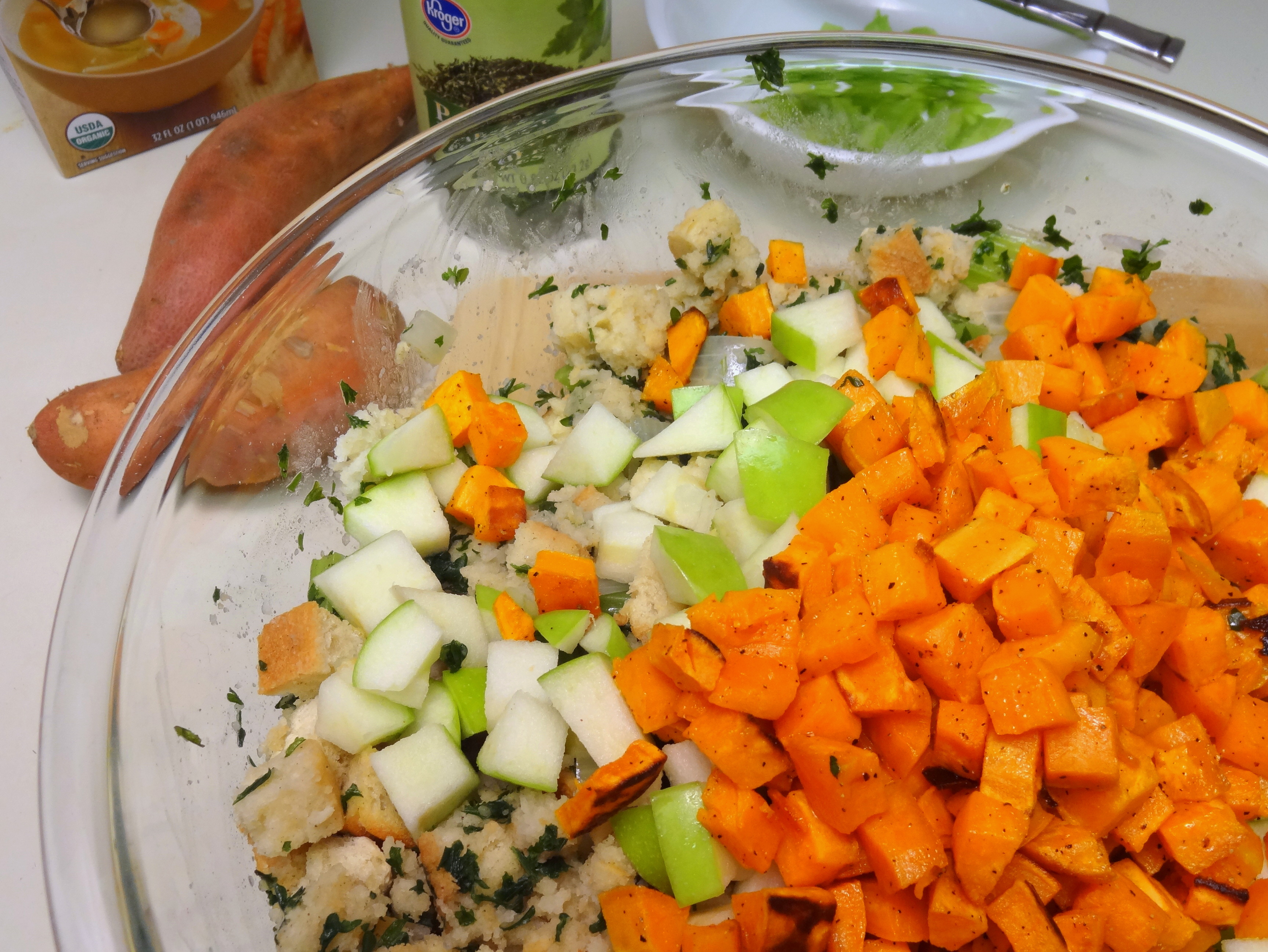 stuffing salad with roasted sweet potatoes and tart apples