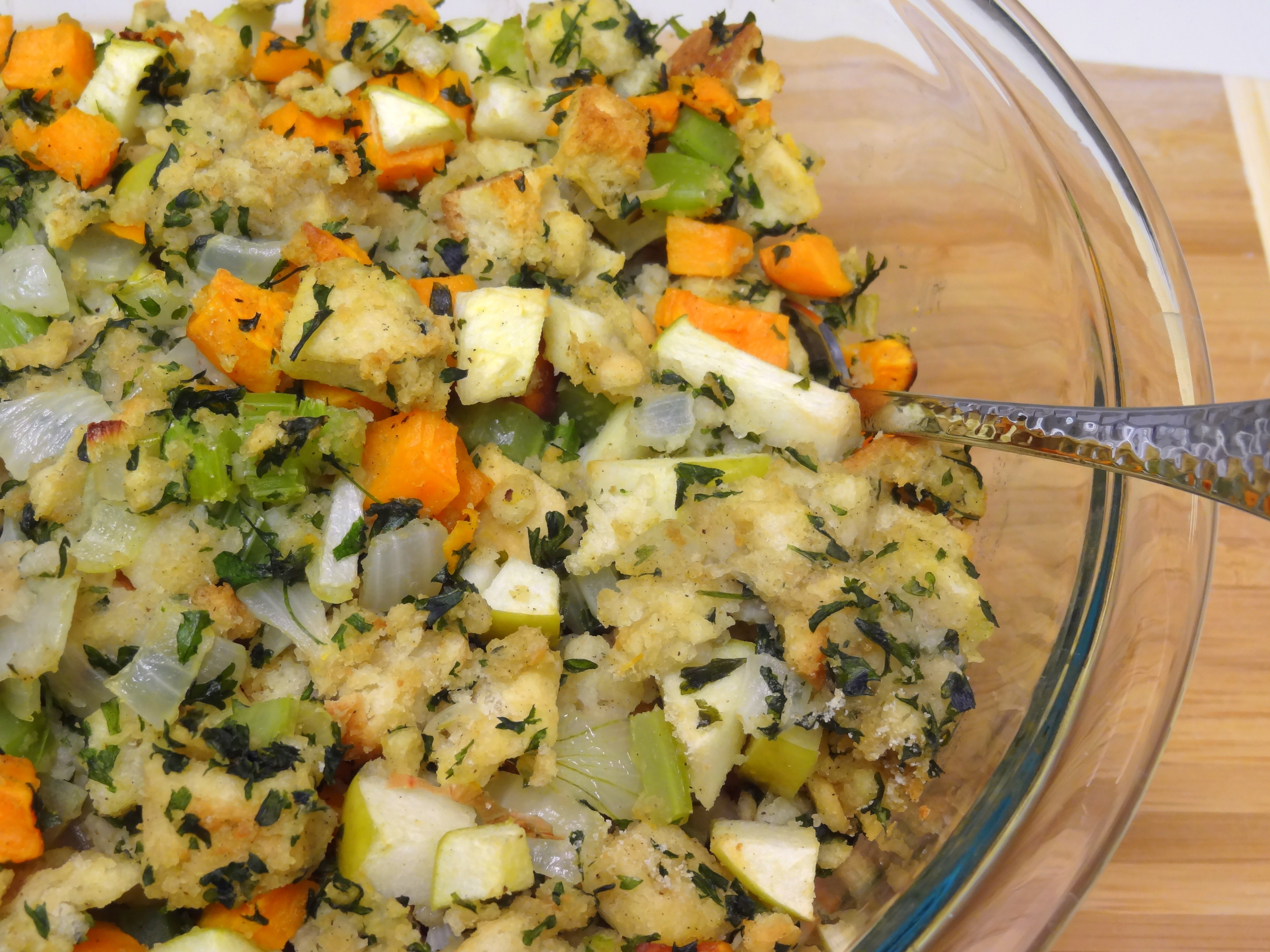 stuffing salad with roasted sweet potatoes and tart apples