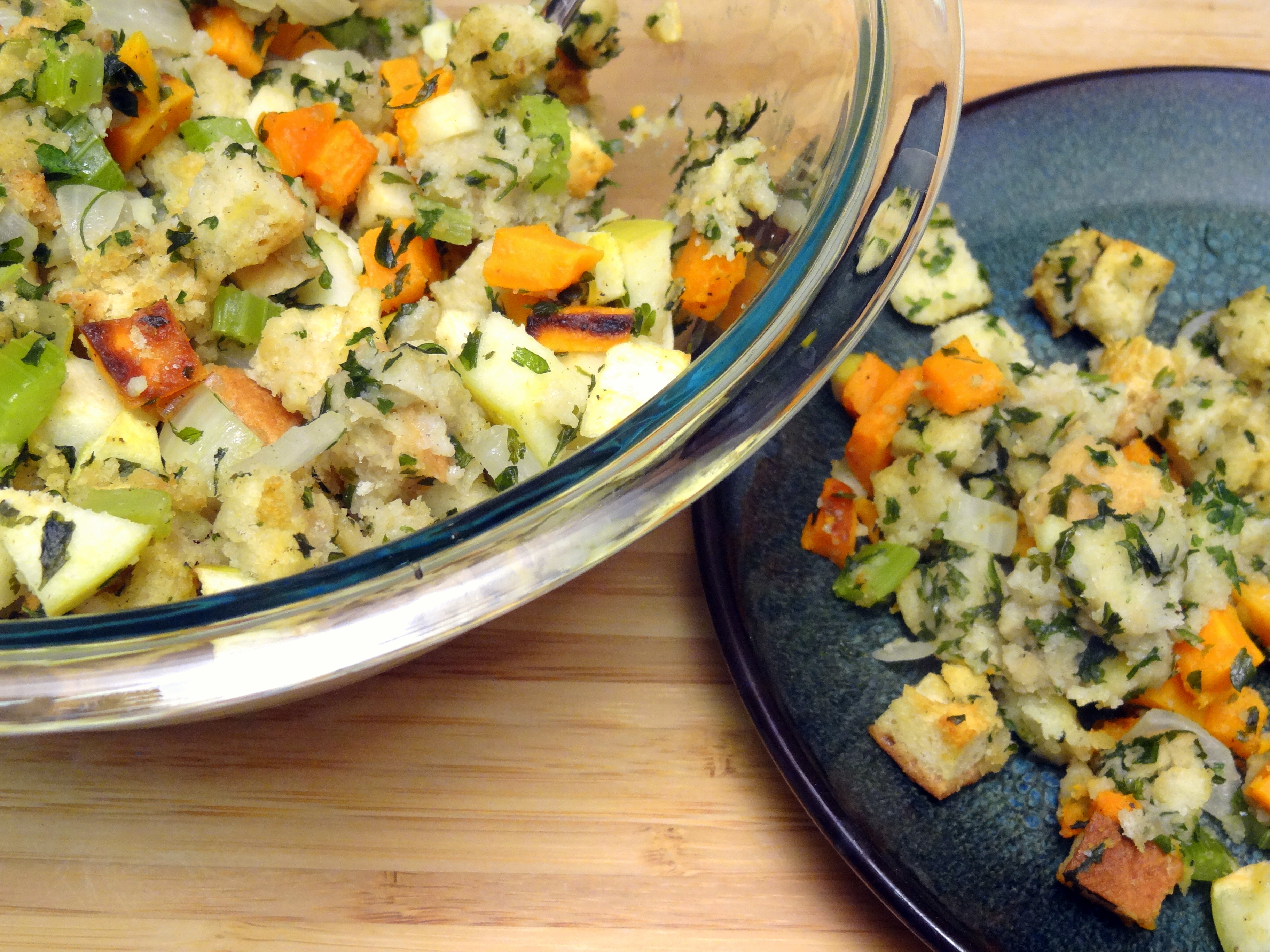 stuffing salad with roasted sweet potatoes and tart apples